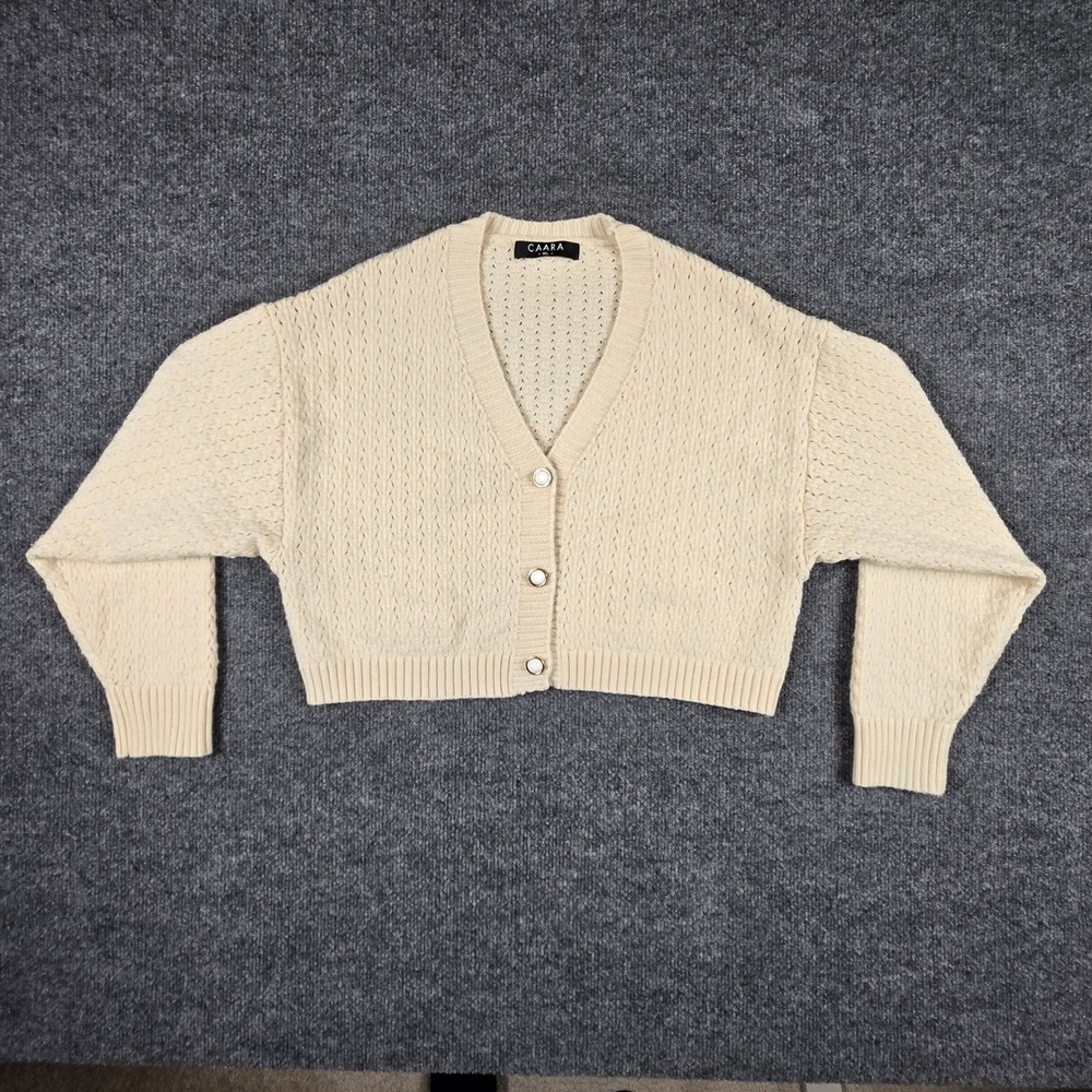 CAARA Cropped Cardigan Women M/L Cream Ivory Knit Pearl Button V-Neck Sweater